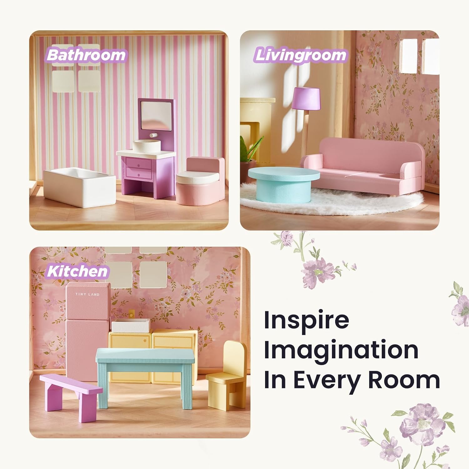 Detalle 2 de Tiny Land Wooden Dollhouse for Girls - 6 Rooms with 31-Piece Furniture Set (Unicorn Purple)