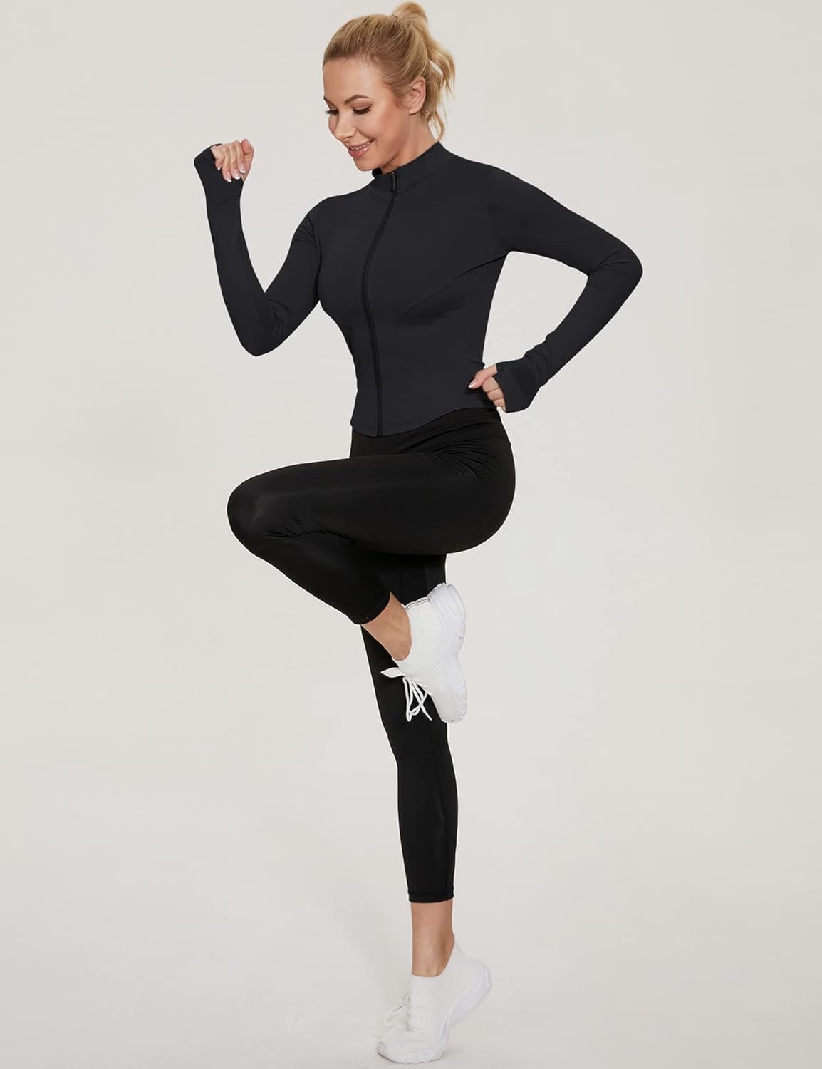 Thumbnail 6 de IECCP Damen Gym Top Langarm Crop mit Halb-Reißverschluss und Daumenloch – leichtes Fitness-Oberteil für Yoga und Training