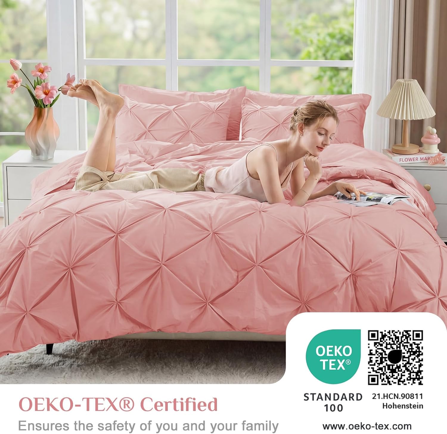 Thumbnail 2 de JOLLYVOGUE Queen Comforter Set (7-Piece) with Pintuck Microfiber Bedding, Pink