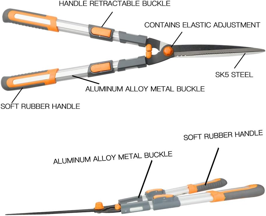 Detalle de AIRAJ 75-88cm Telescopic Hedge Shears Heavy Duty – SK5 Steel Blade, Ergonomic Handles, Free Gloves & Secateurs
