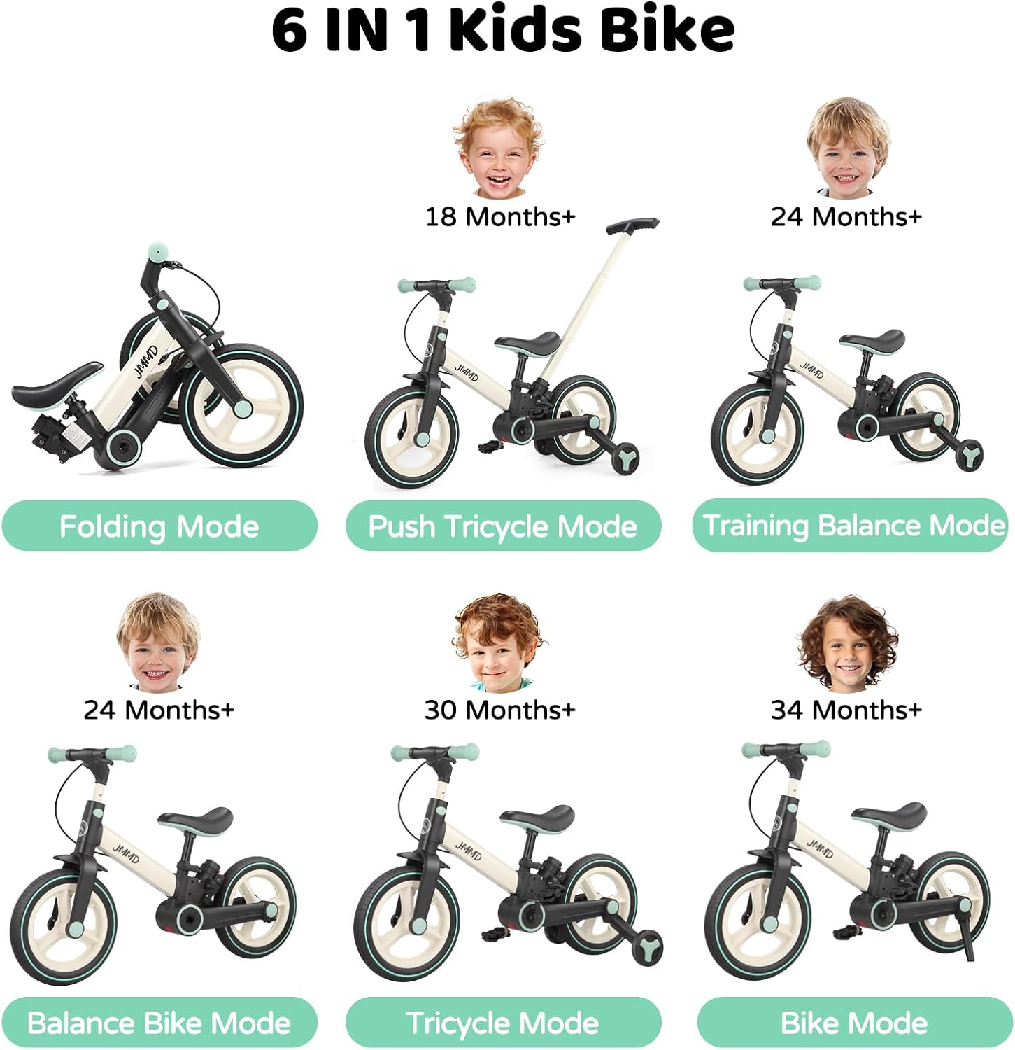 Detalle 2 de JMMD 6-in-1 Toddler Bike (12 inch) with Training Wheels, Pedals, Kickstand & Adjustable Parent Handle