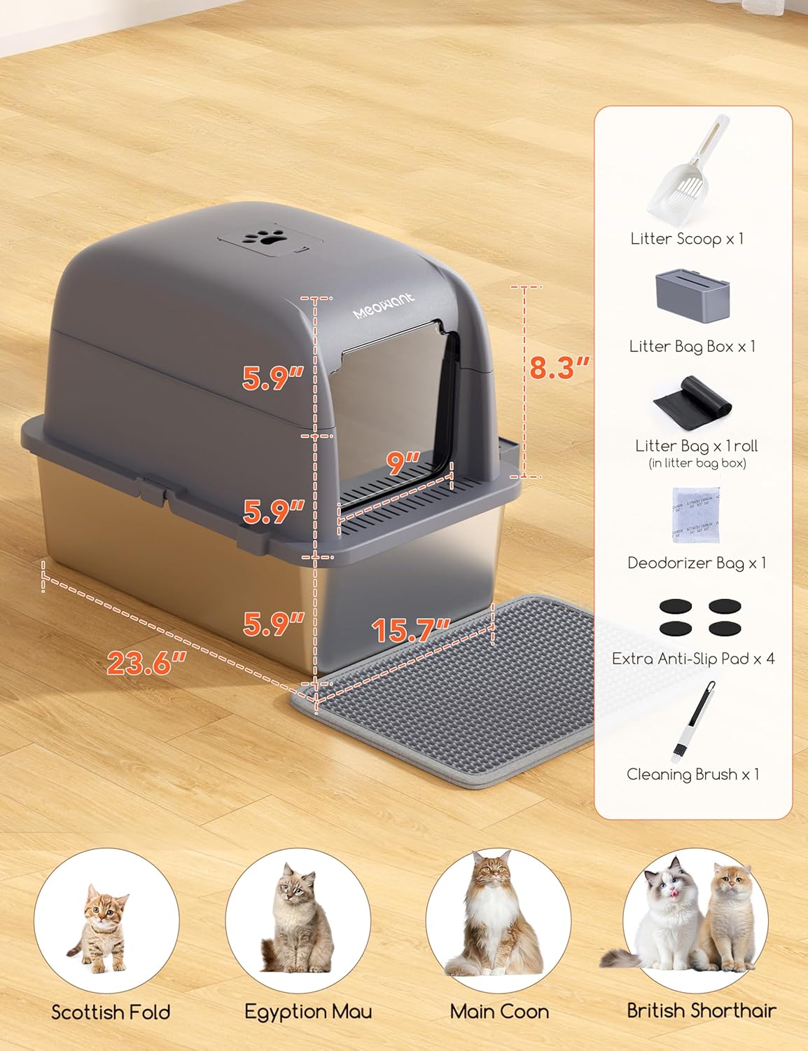Detalle de MeoWant litière XXL fermée en acier inoxydable (forme en U) avec bac amovible, pédale, pelle et tapis antidérapants