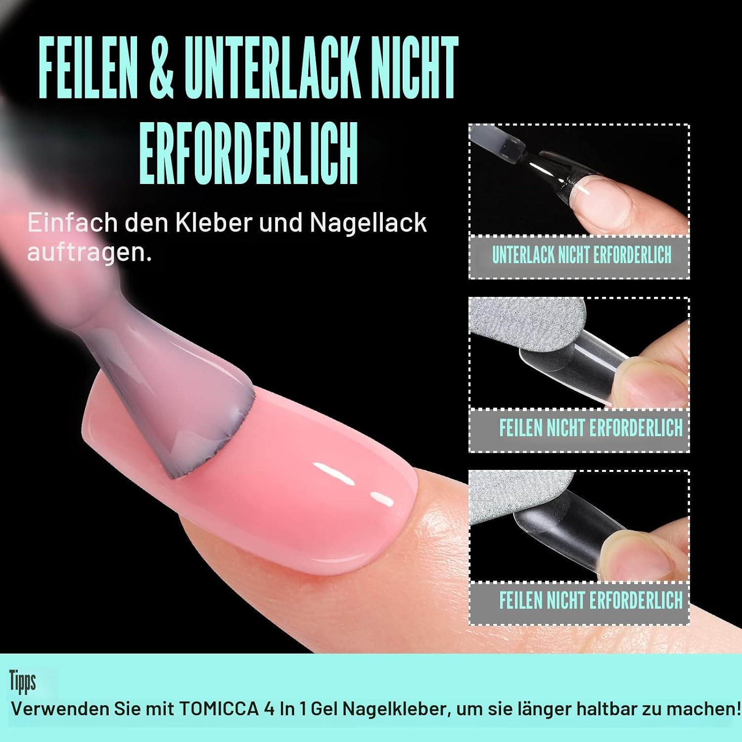 Detalle de TOMICCA Square Medium Nageltips – 240 Stück in 12 Größen für Gel- und Acrylnägel