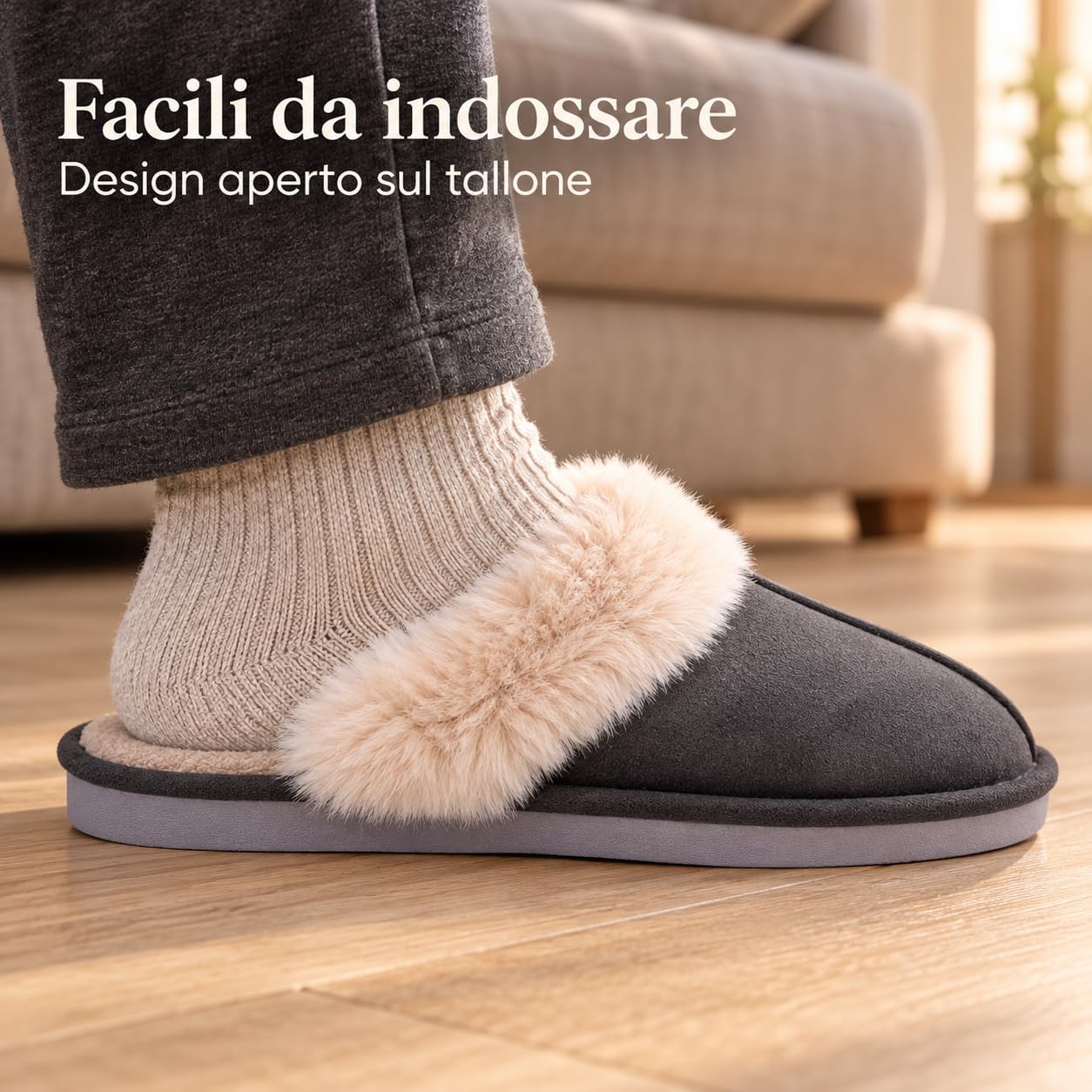 Detalle de JOMIX winterpantoffels voor heren met imitatiebont, suède en pvc-zool