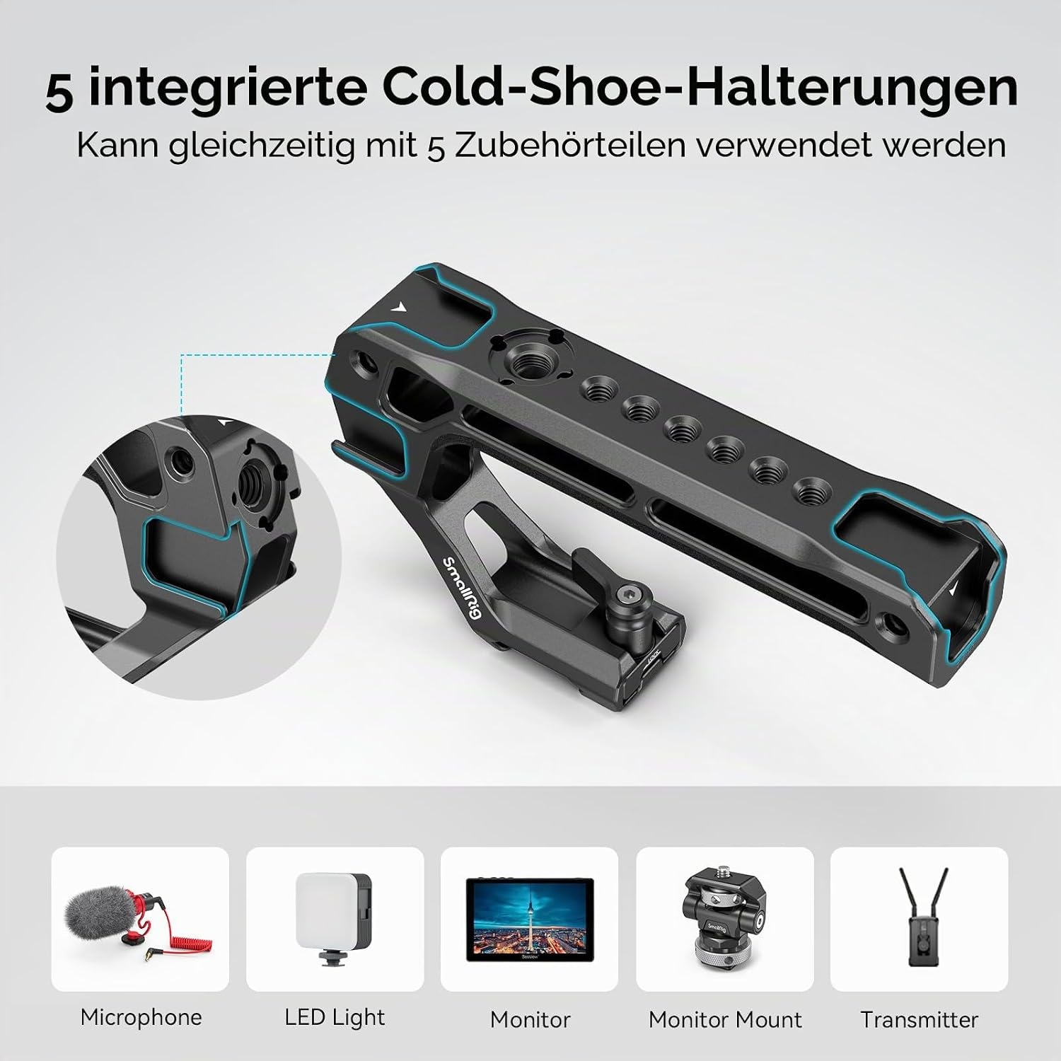 Thumbnail 3 de SMALLRIG NATO Top Handle 3766: Griff mit NATO-Schnellspanner und 5 Kaltschuhen für Video-Rigs