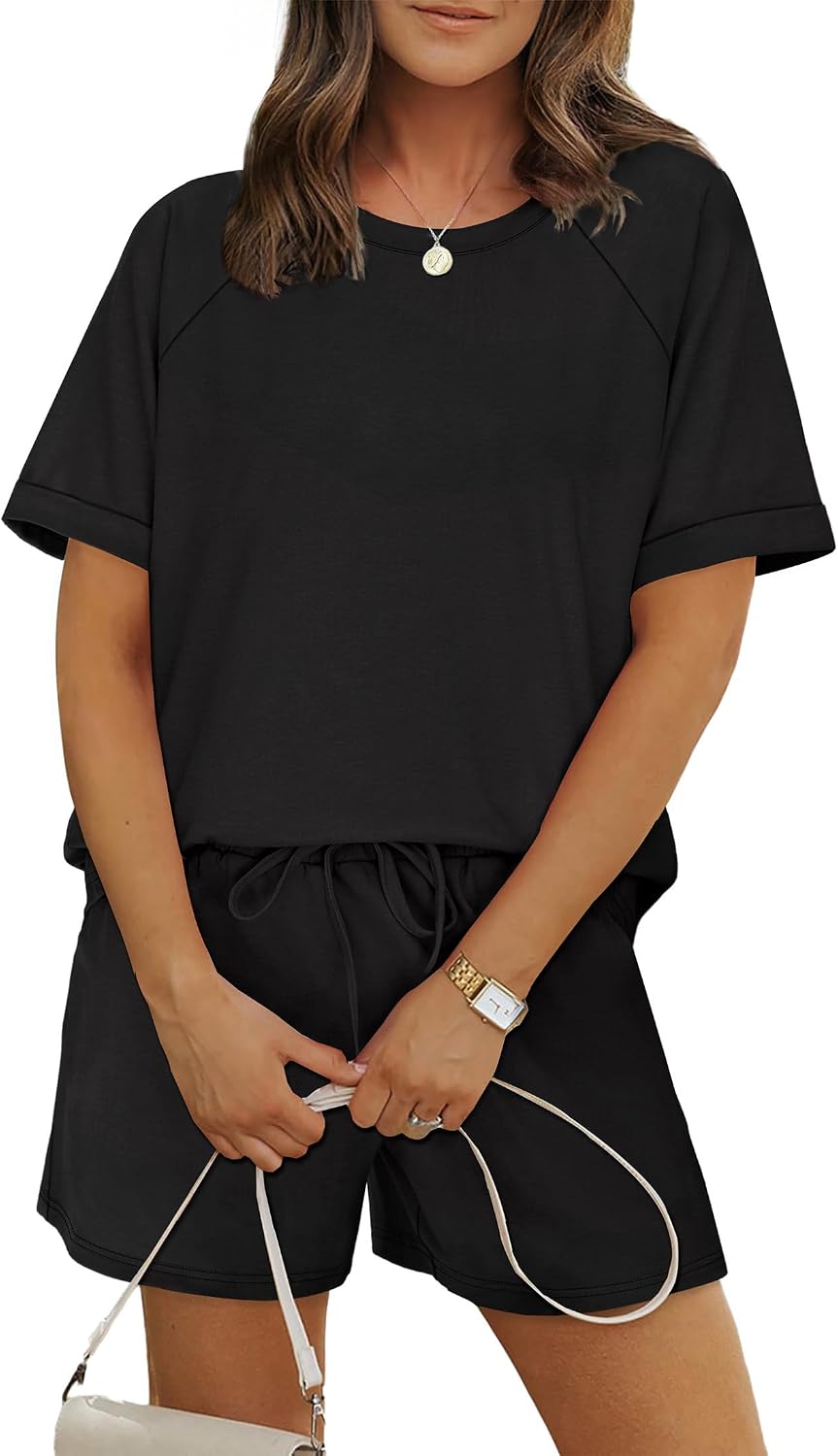 Detalle 2 de WIHOLL Two-Piece Short Set for Women — Casual Short Sleeve Crew Neck Lounge Matching Set