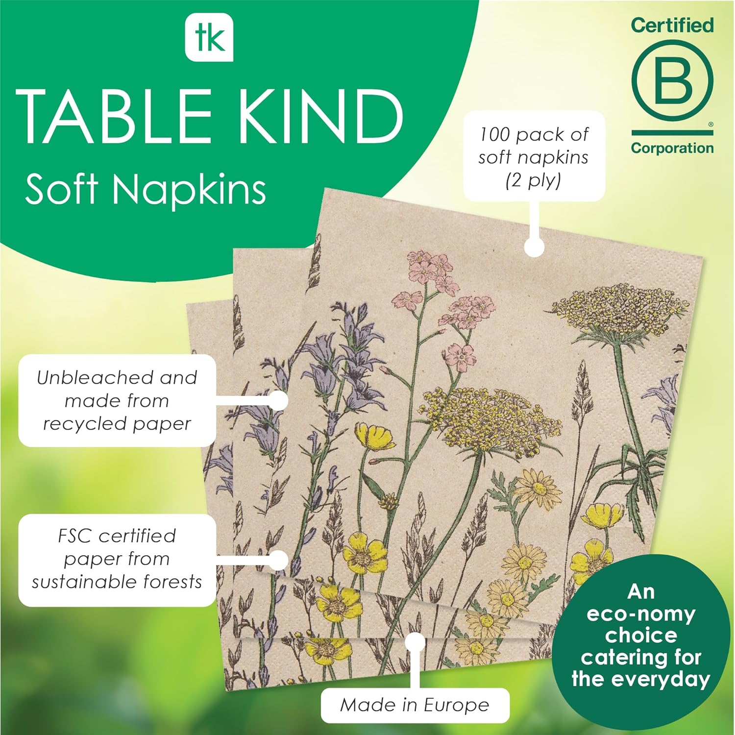 Detalle de Table Kind 100 x Soft Recycled Paper Napkins (2-ply, 33cm) – Spring Wildflower Floral Kraft, FSC & home compostable