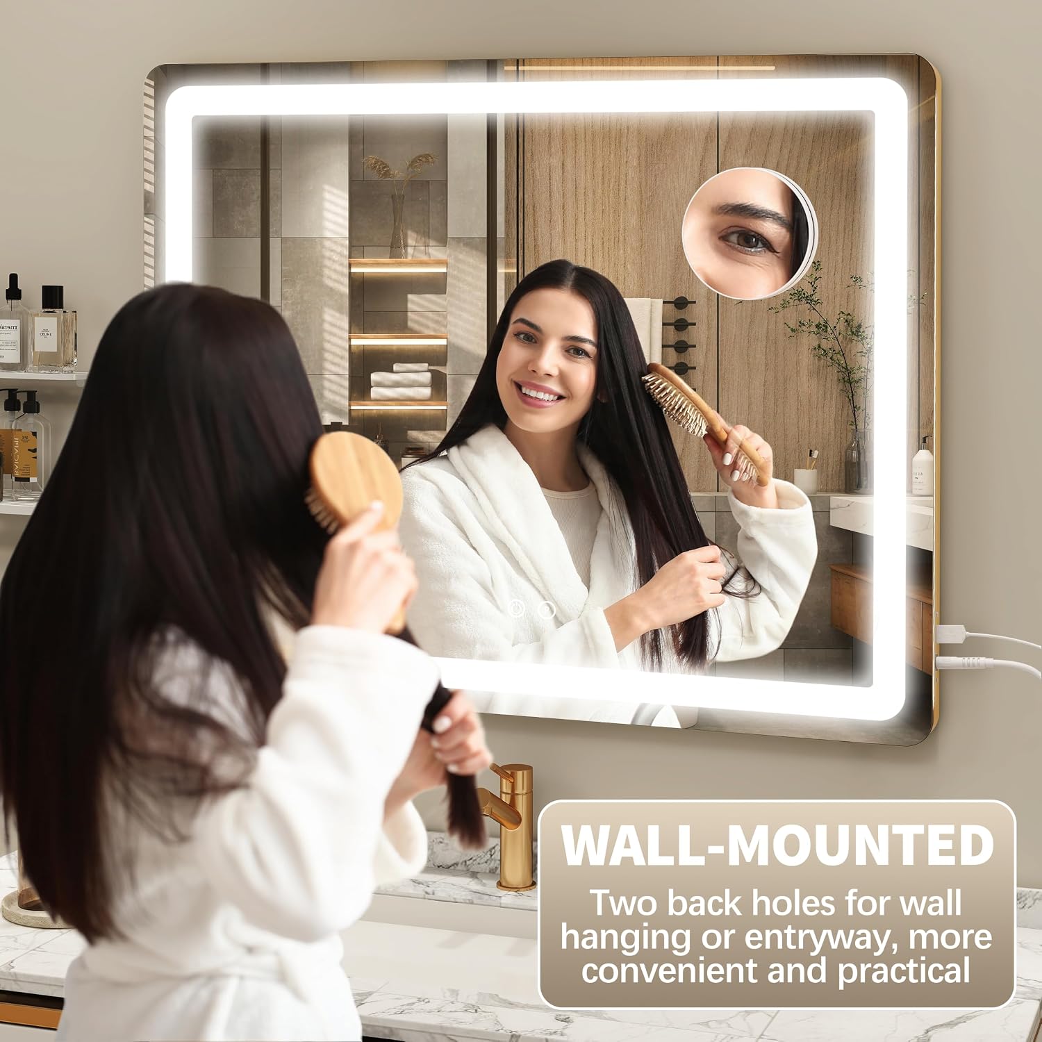Detalle 1 de FENNIO 23" x 18" Vanity Mirror with Lights, Gold Frame, 3 Color Modes