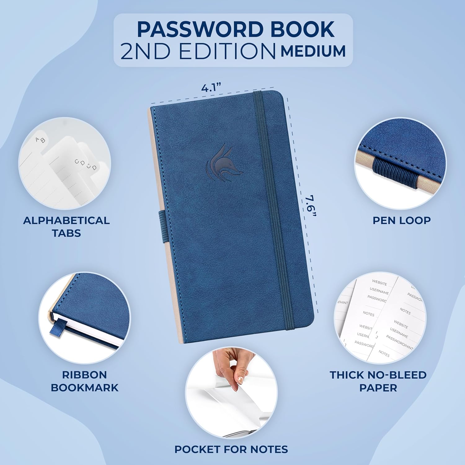 Detalle 2 de Clever Fox Password Book 2nd Edition Small (Pocket) with Laminated Alphabetical Tabs – Smoke Blue