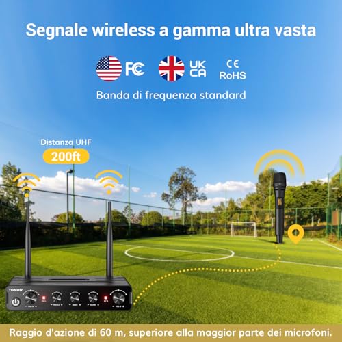 Detalle 2 de TONOR TW350 Microfono Wireless Dinamico: sistema professionale per karaoke e eventi, 60 m