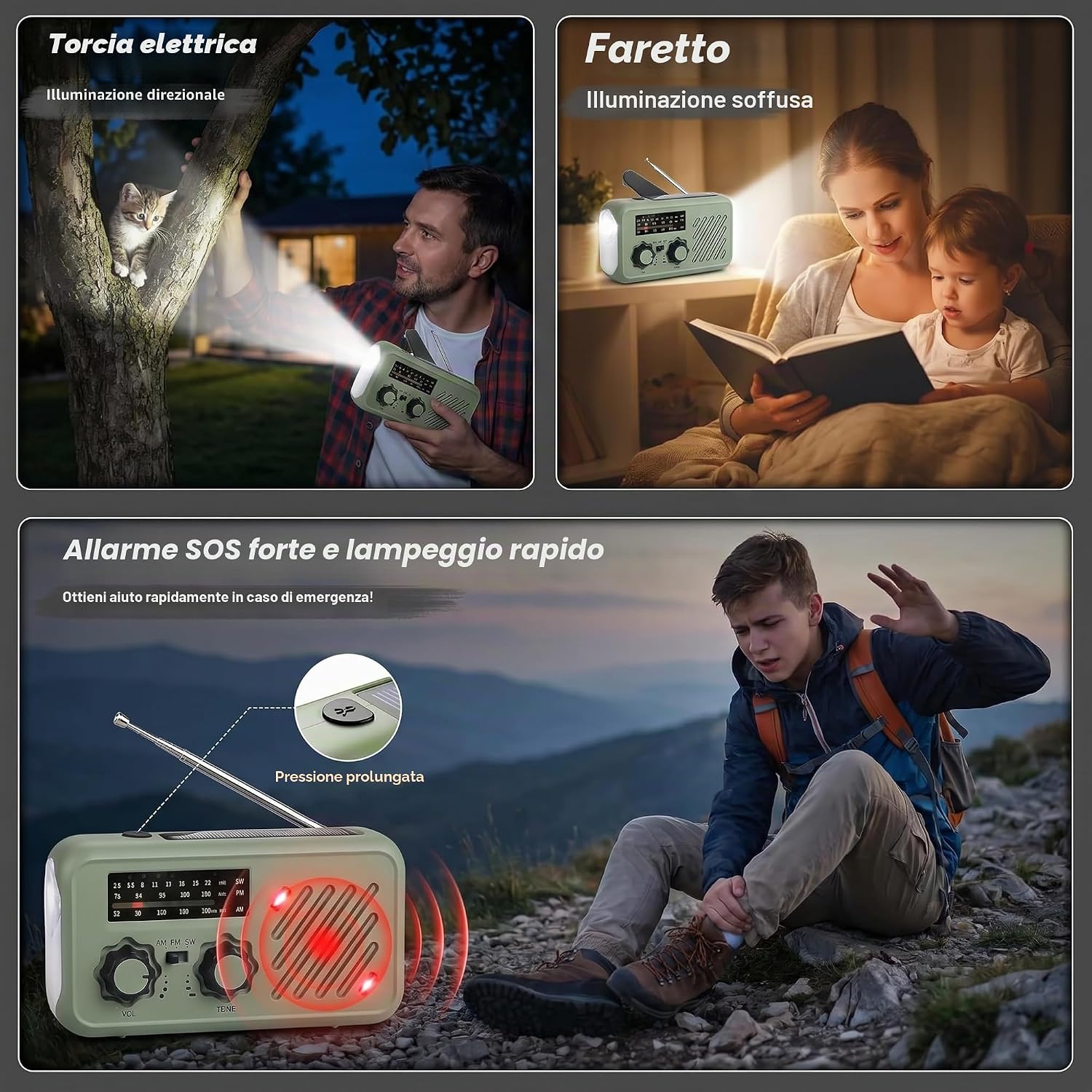Thumbnail 4 de Radio di emergenza portatile con alimentazione solare e manovella: 2000 mAh, allarme SOS e torcia 3W