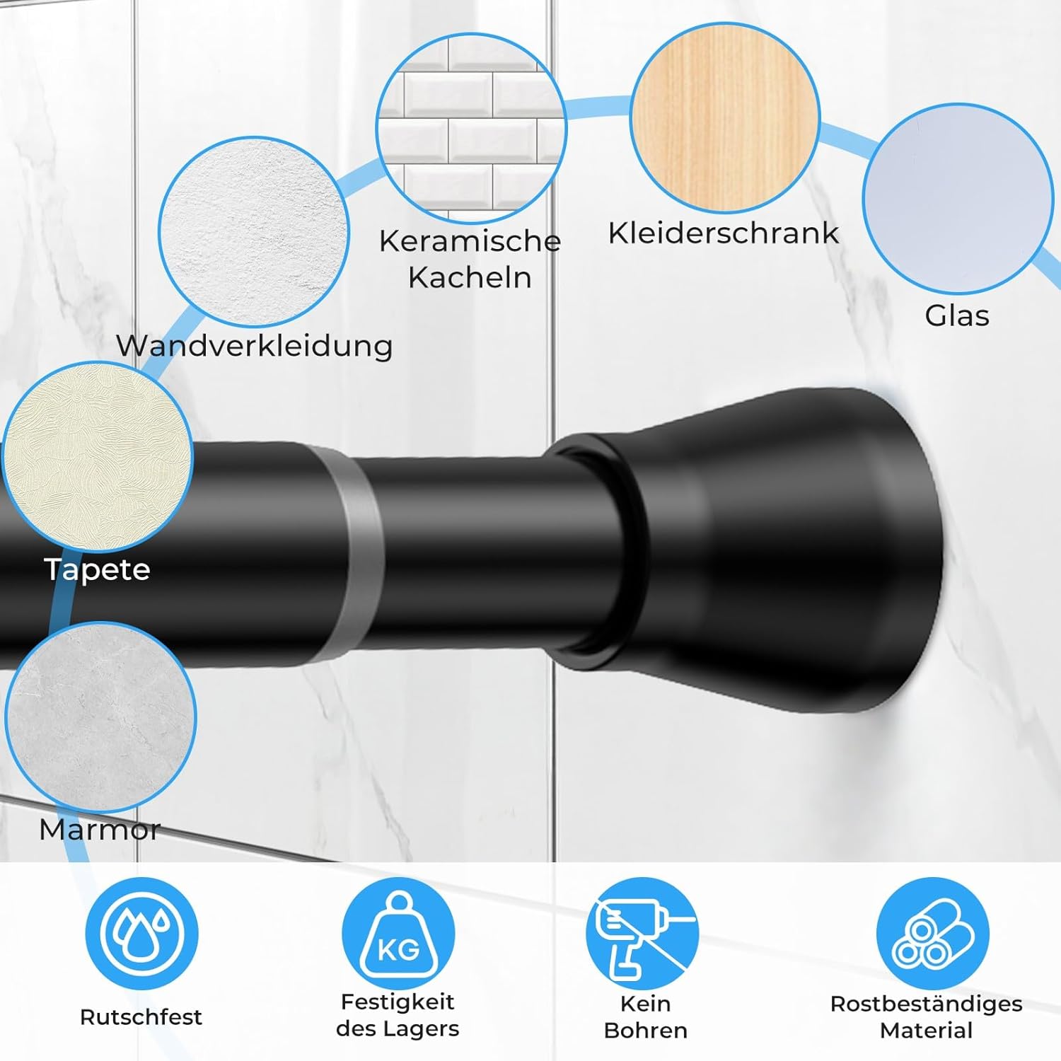 Thumbnail 3 de Zipglo Teleskop-Duschvorhangstange ohne Bohren (113–196 cm) in Schwarz – Spannstange für Bad, Küche & mehr