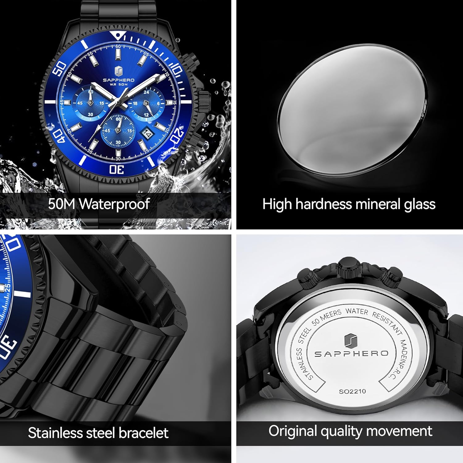 Thumbnail 3 de SAPPHERO Montre Homme en Acier Inoxydable – Chronographe 42 mm, 50M, Quartz, Élégante et Durable