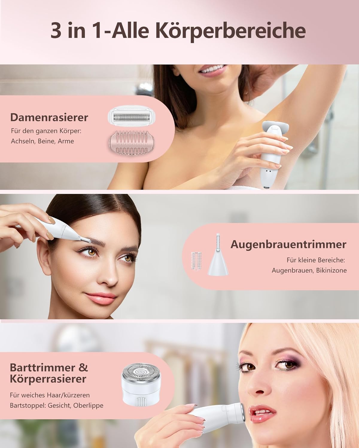 Detalle 2 de 3‑in‑1 Damenrasierer USB‑aufgeladen – Intim & Gesicht 🪒