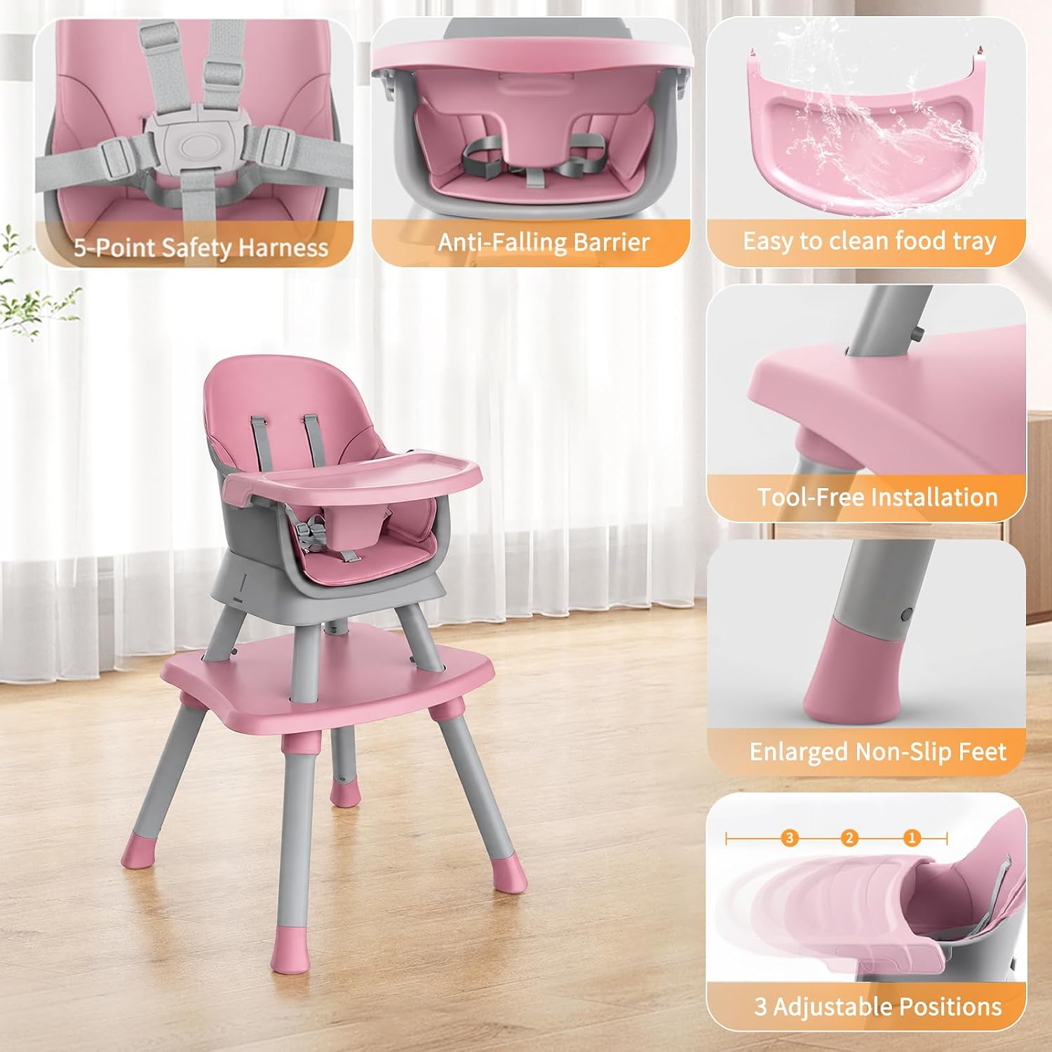 Detalle de MiniKins 7-in-1 Convertible High Chair, Pink, Removable Tray