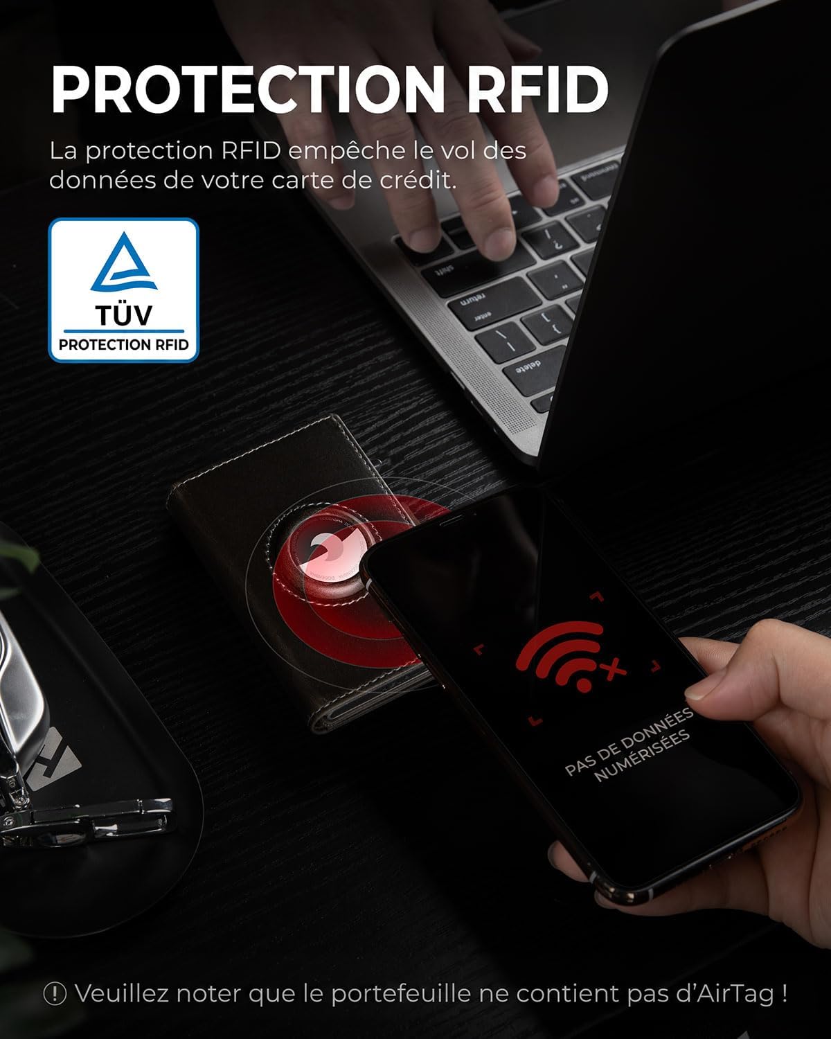 Detalle de DODENSHA Airtag Portefeuille pour homme XL – MagSnap, RFID et compartiment monnaie, 8–10 cartes
