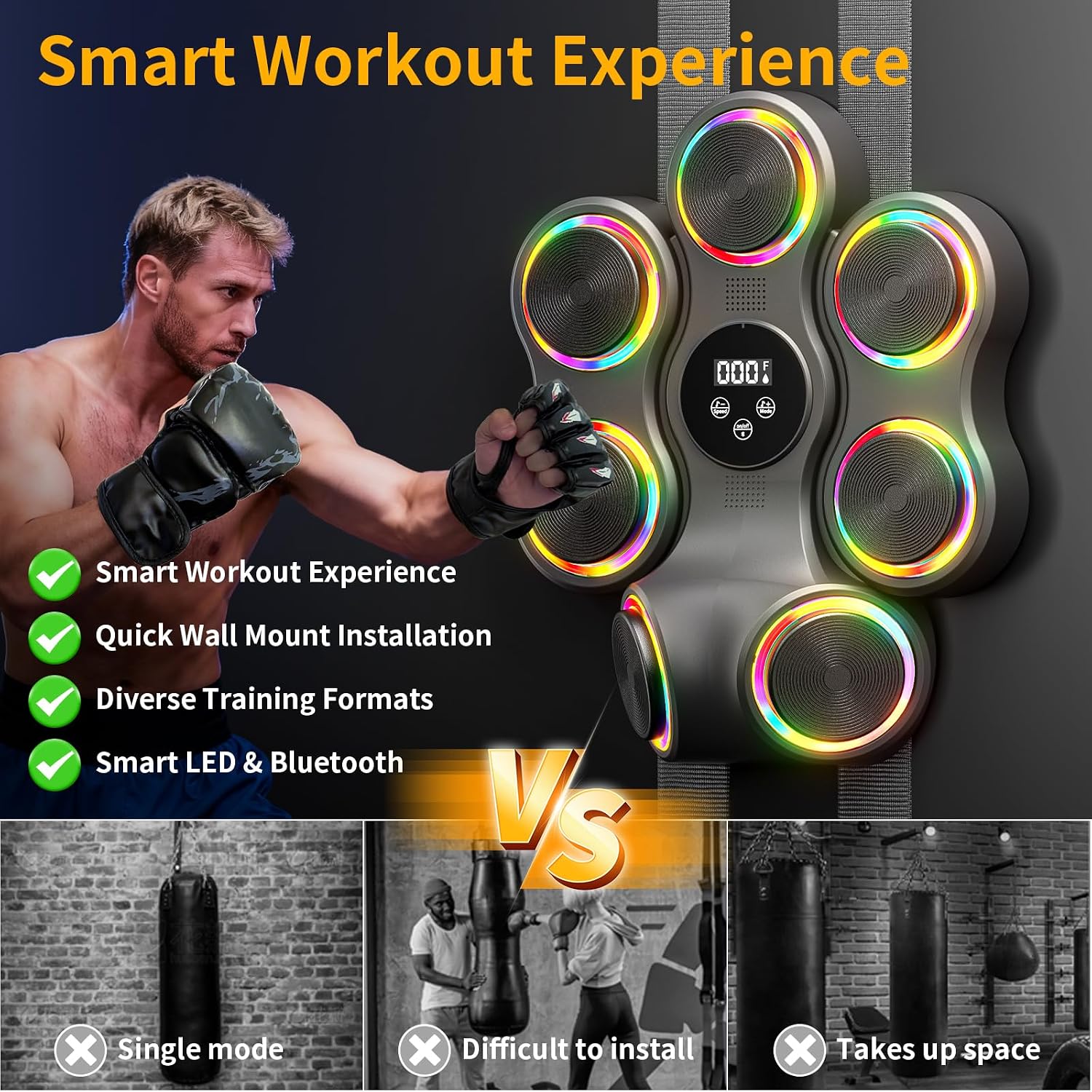 Detalle 2 de Macchina da boxe musicale con Bluetooth e luci LED, guantoni inclusi, attrezzatura per casa e palestra