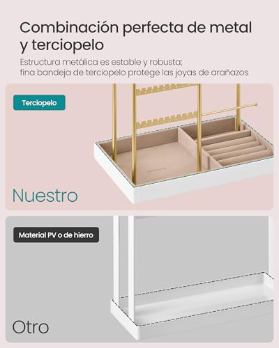 Detalle de SONGMICS JJS028A01: Organizador de Joyas de marco metálico con base de terciopelo, dorado pálido