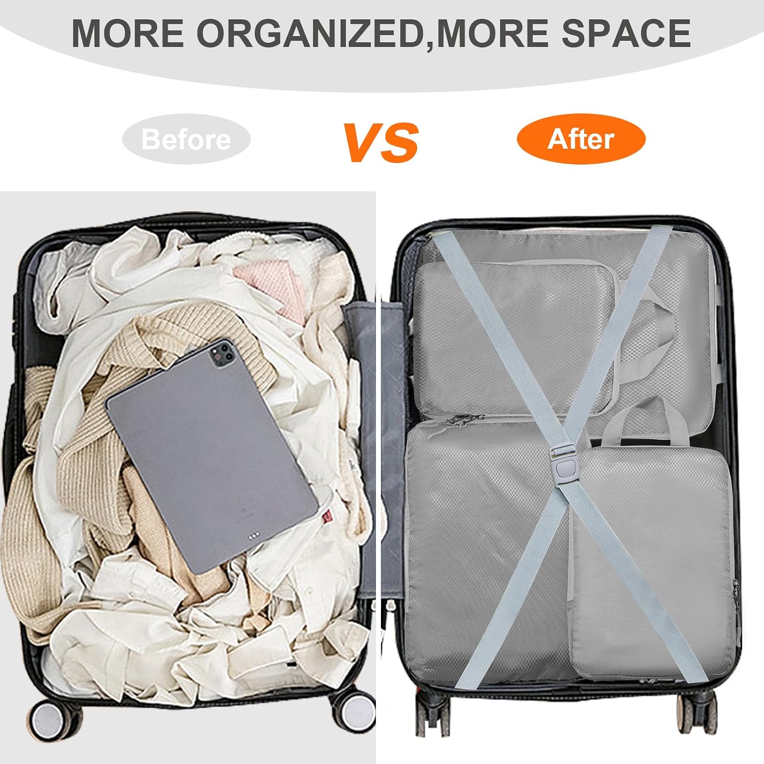 Detalle de Compression Packing Cubes Grey – Travel Storage Bag Set of 4 (Compression Organiser for Suitcase & Carry On)