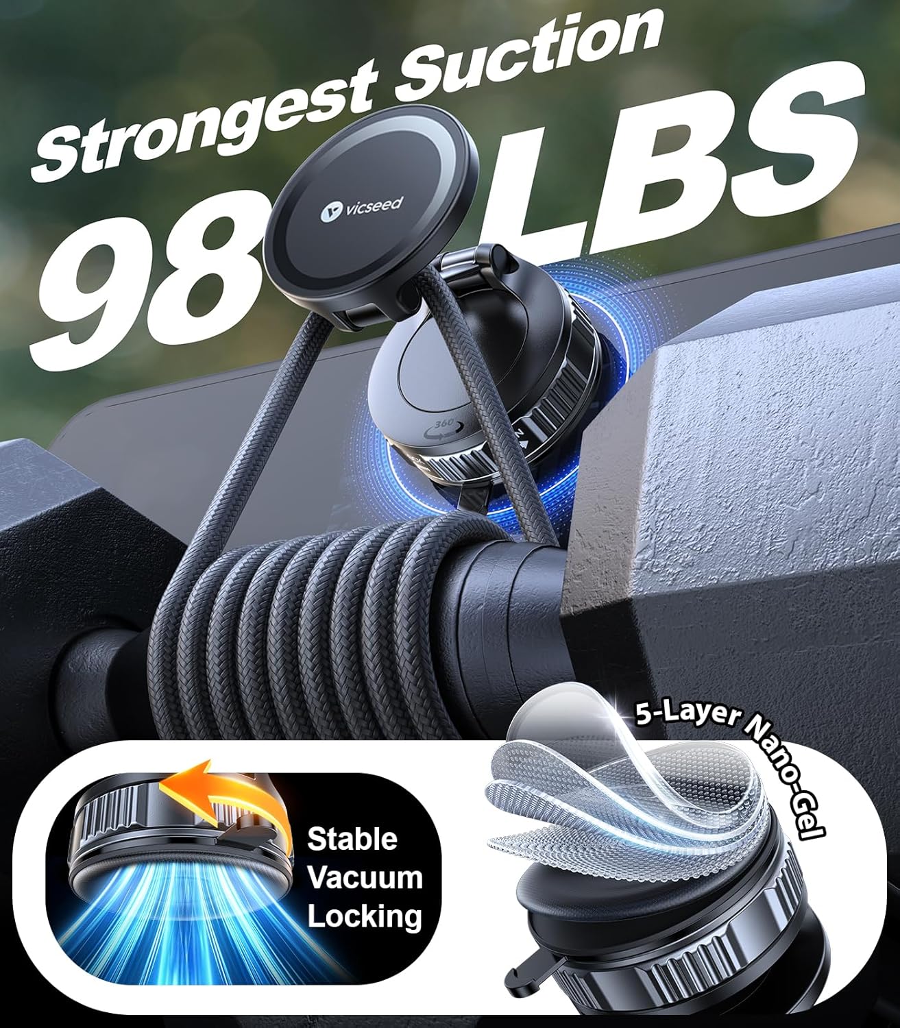 Thumbnail 3 de VICSEED Ultimate for MagSafe Car Mount: 98+ lbs Vacuum Suction, 360° Rotating Arm