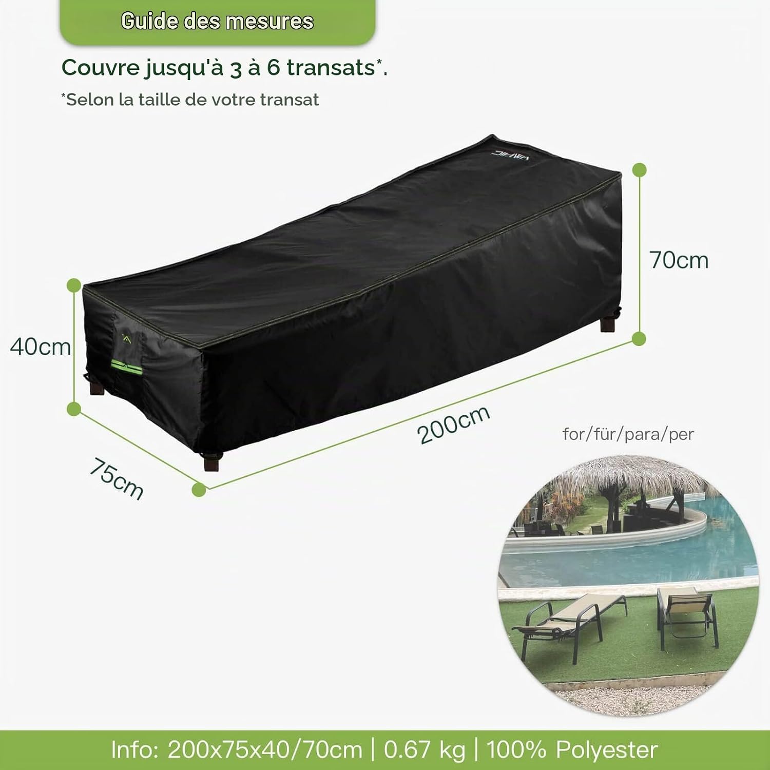 Detalle 2 de AWNIC G200-3D beschermhoes voor tuinligstoel, 420D polyester, 200 x 75 cm