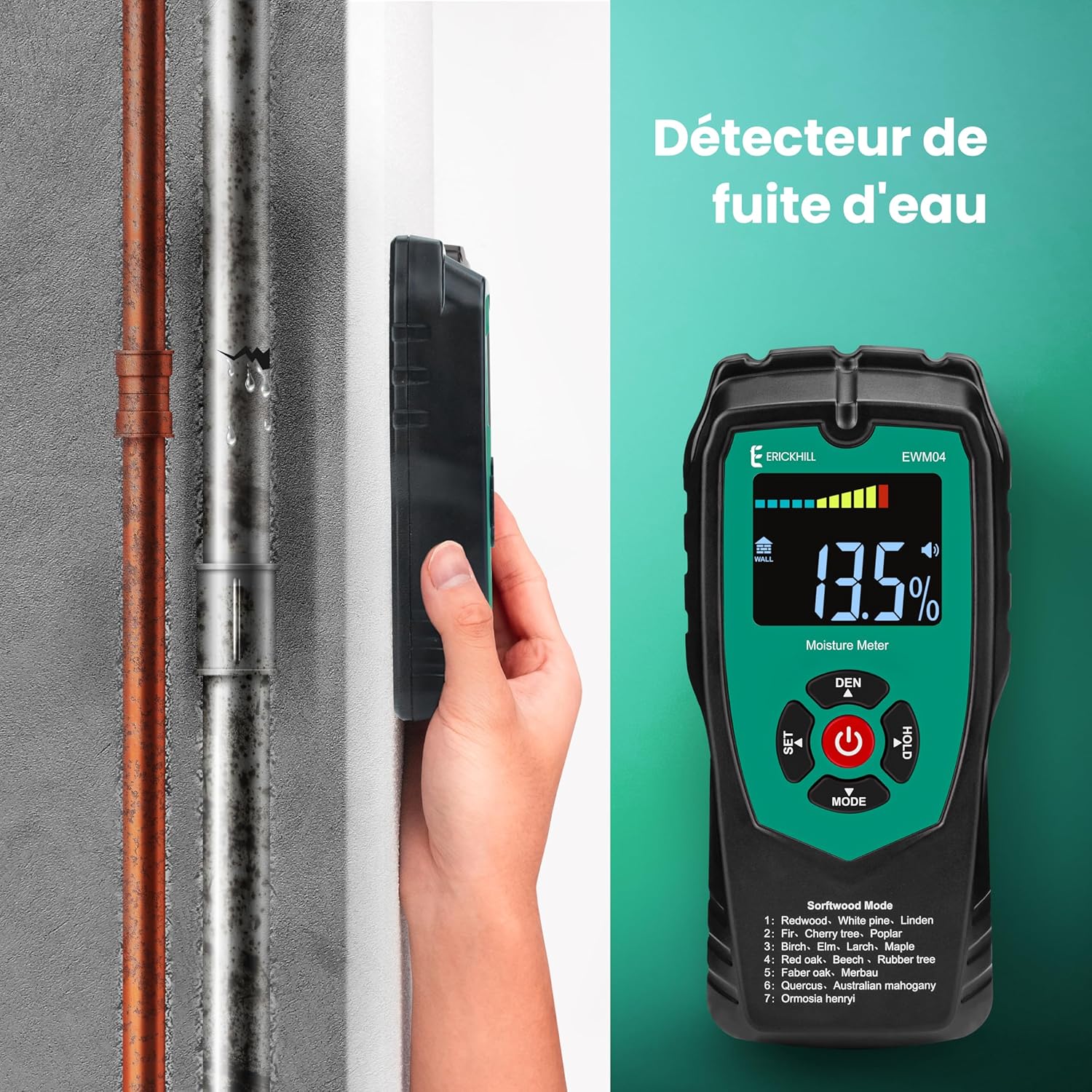 Thumbnail 5 de ERICKHILL Humidimètre non invasif en bois – 4 modes, écran LCD rétroéclairé, détection humidité pour bois, cloison sèche et maçonnerie