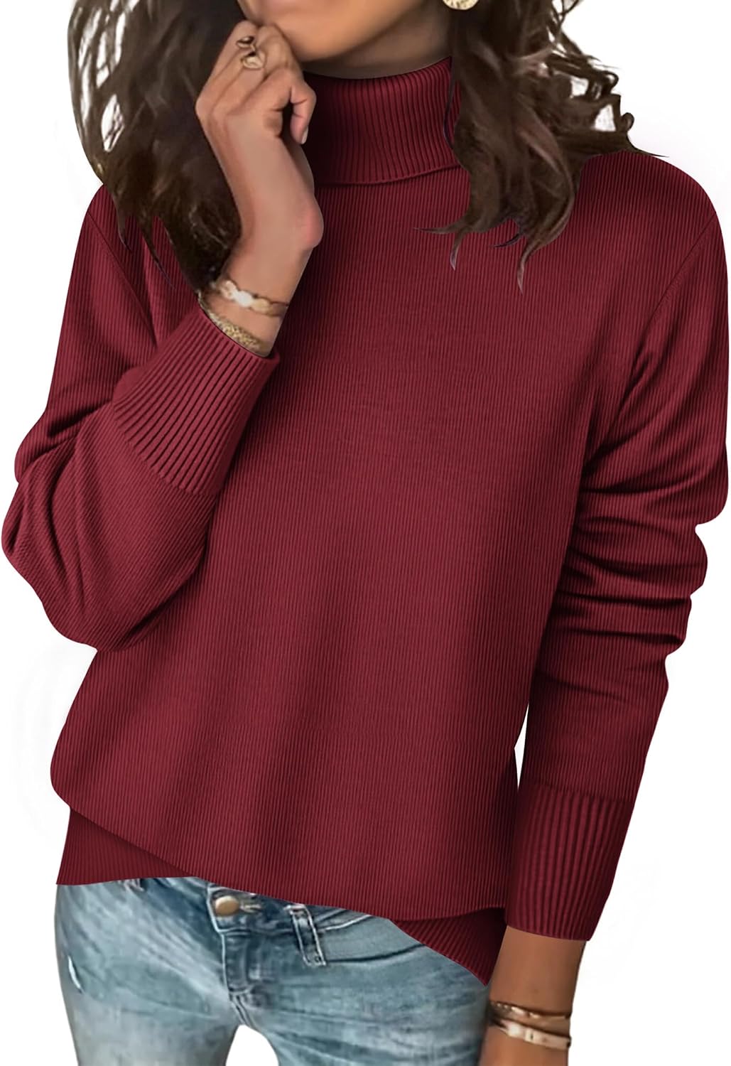 Detalle de Zeagoo Women's Turtleneck Sweater with Side-Slit Hem and Ribbed Cuffs