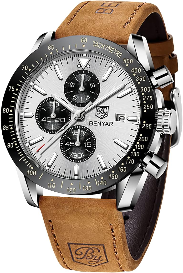 Detalle de BENYAR Herrenuhr Analog Quartz Chronograph – 45 mm, Lederband, 30M Wasserdicht