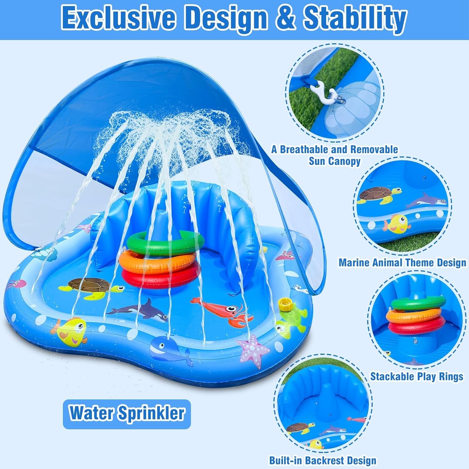 Thumbnail 4 de iGeeKid Baby Play Mat with Sprinkler (Inflatable Pool Float with Canopy & Stackable Rings)