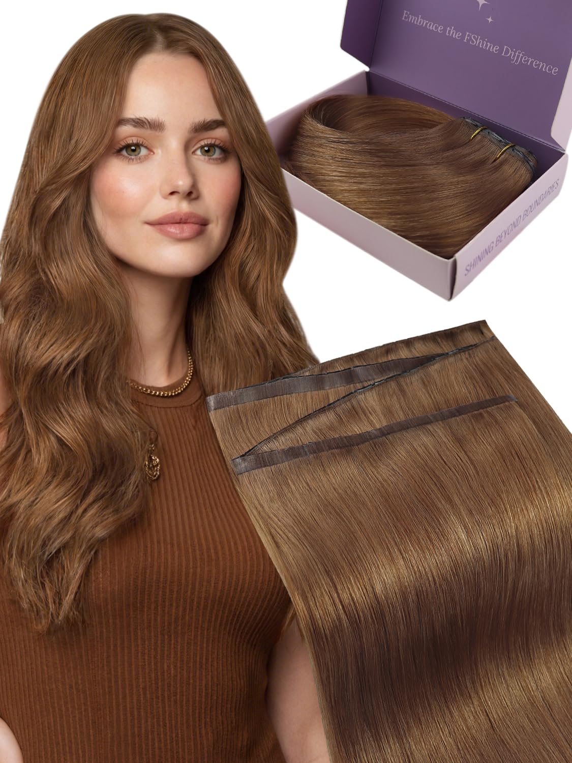 Detalle de Fshine Butterfly Extensions Rotbraun – 50 cm, 100 g, Echthaar mit PU-Weft