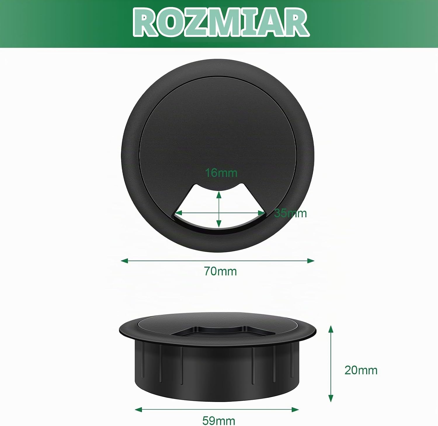 Detalle 2 de Bolatus EC14 przepusty kablowe do biurka, 60 mm, ABS, czarne, 2 szt.