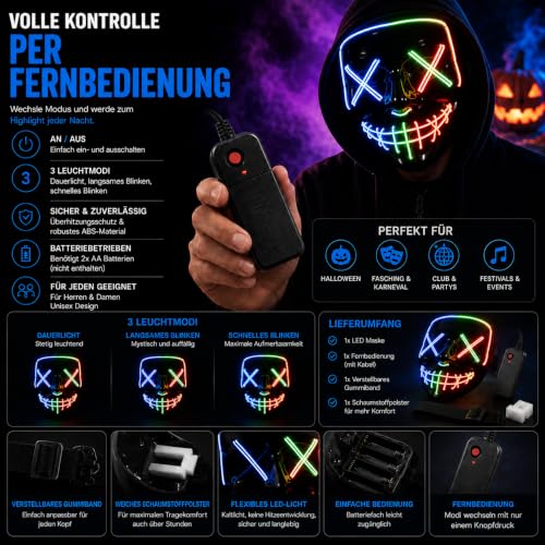 Detalle 2 de TK Gruppe Timo Klingler masque LED bleu inspiré de The Purge, télécommande