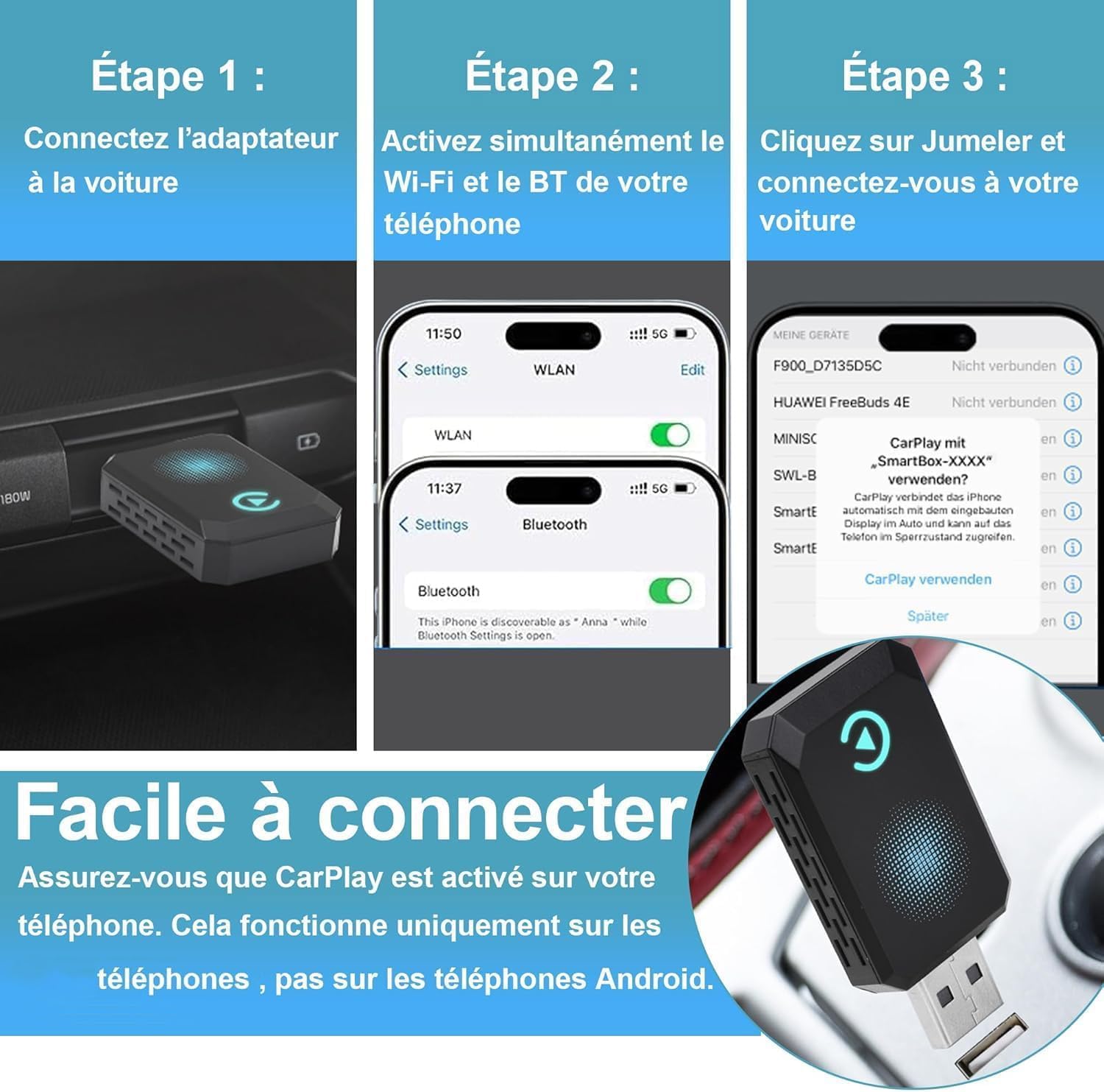 Thumbnail 2 de CAENEEDER Wireless Carplay Adapter (Blue) – Convert Wired CarPlay to Wireless for 2016+ Vehicles
