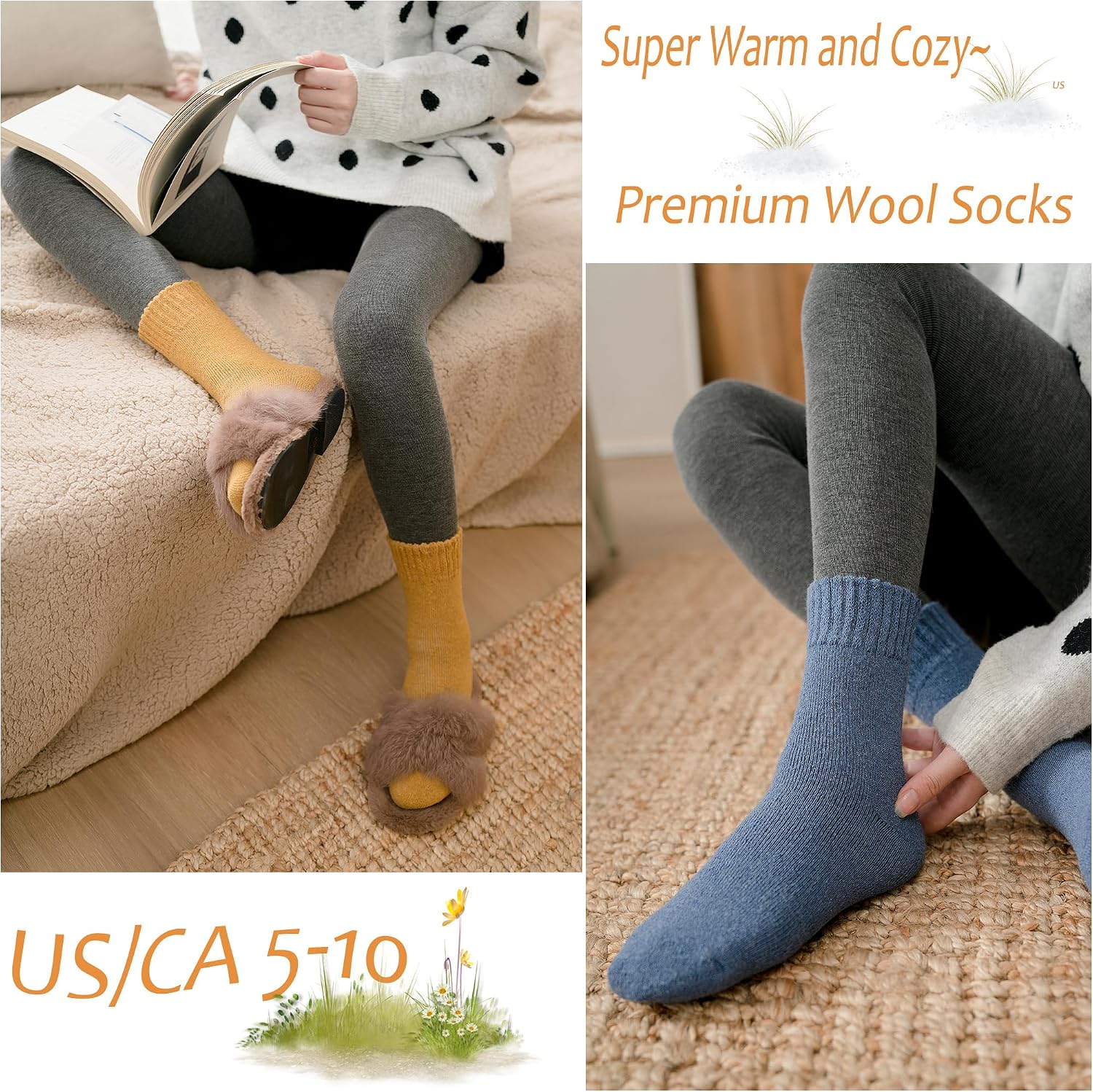 Detalle de VoJoPi Wool Socks for Women, 5 Pairs, Fuzzy Terry Lining, Size 5–10