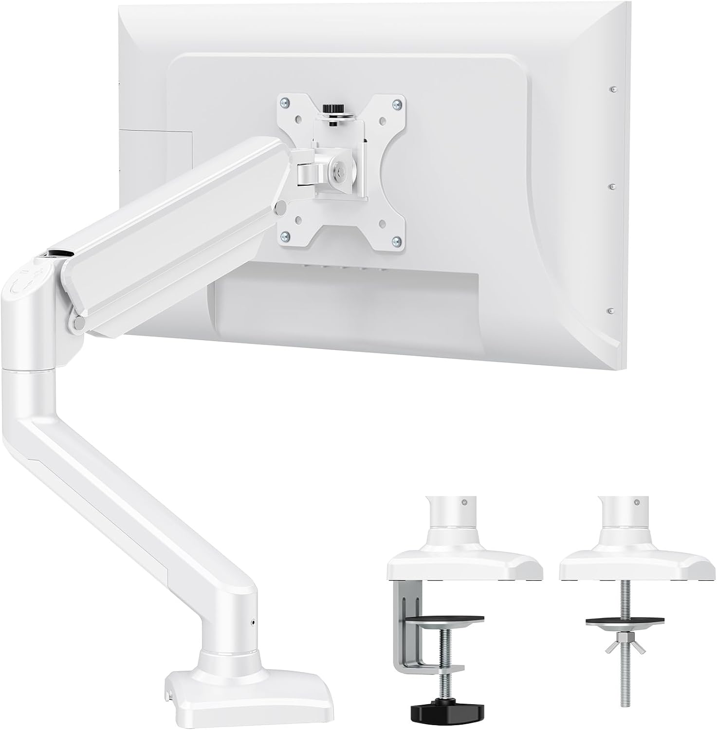 Detalle de ELIVED EV004W Monitorhalterung für 13–32" (bis 9 kg) mit Gasfeder, VESA 75/100 und 3D-Bewegung – weiß
