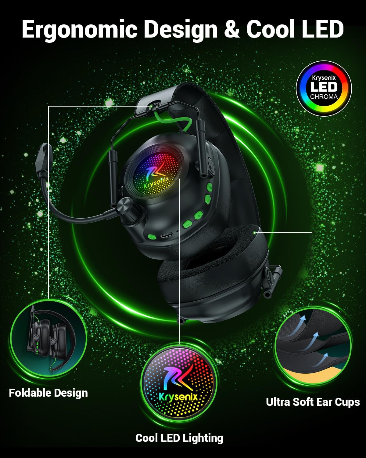 Detalle de Krysenix KGH2 Wireless Gaming Headset, 2.4GHz, Bluetooth 5.4, 50mm Drivers