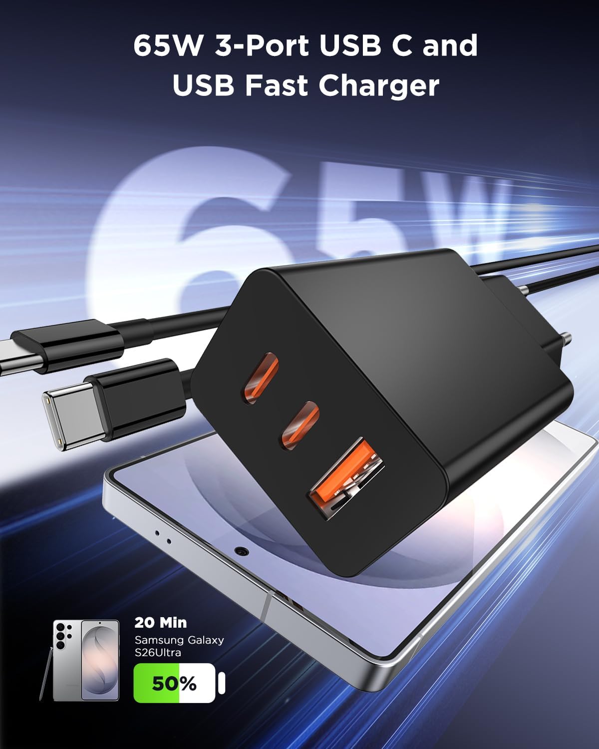 Detalle 2 de 65W USB‑C Ladegerät mit 3 Ports für Samsung Galaxy S26/S25 Ultra – Kompaktes Netzteil inklusive Kabel