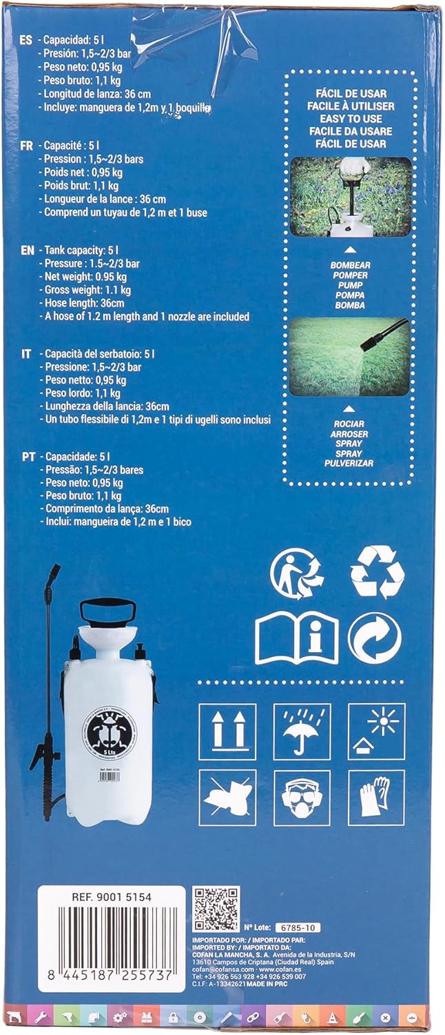 Thumbnail 6 de Cofan pulverizador de presión manual de 5 litros (HDPE) para agricultura y jardinería
