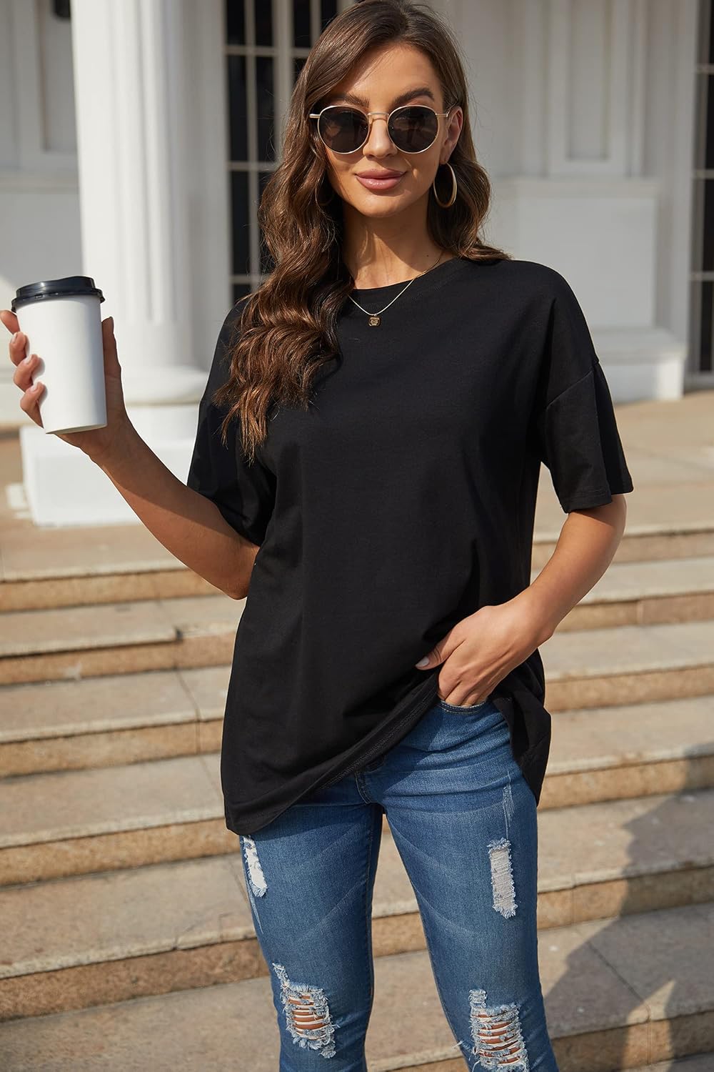 Detalle de Ebifin Damen Oversize Rundhals Kurzarm – Casual Sommer T-Shirt im Boyfriend-Stil