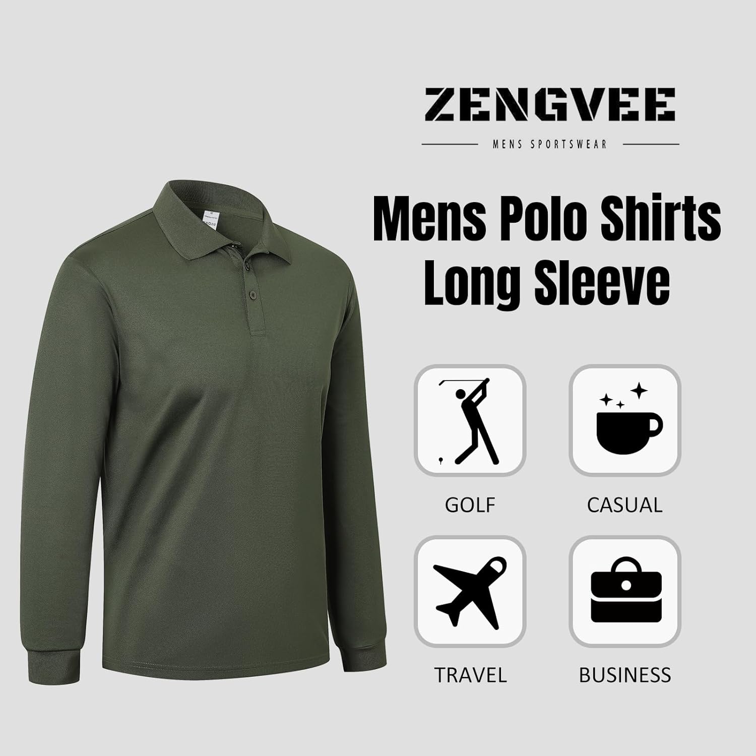 Detalle de ZENGVEE Men's Long Sleeve Polo Shirts – 3 Pack