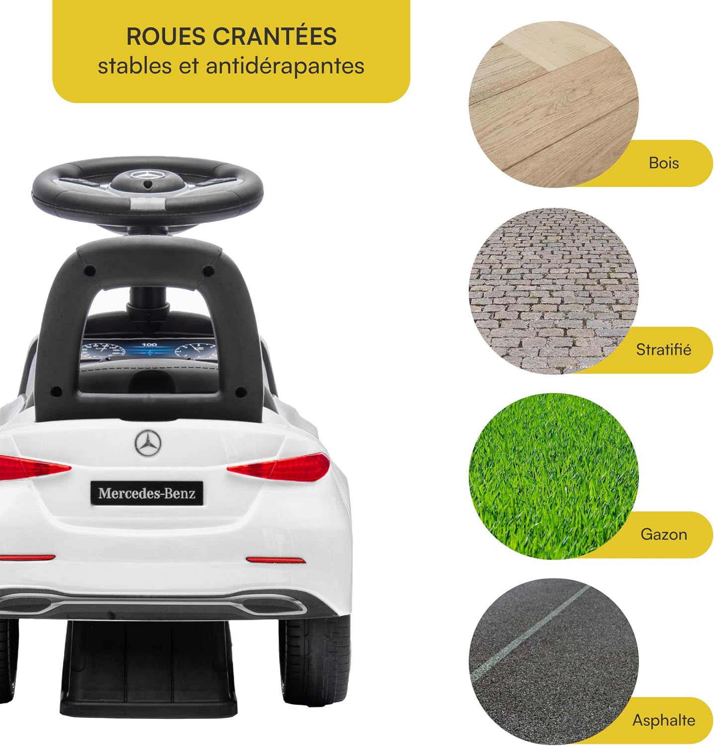 Detalle de Baroni Toys Mercedes Ride-On pour enfants (1–4 ans) – blanc, lumière LED, sons réalistes et sécurité anti-basculement