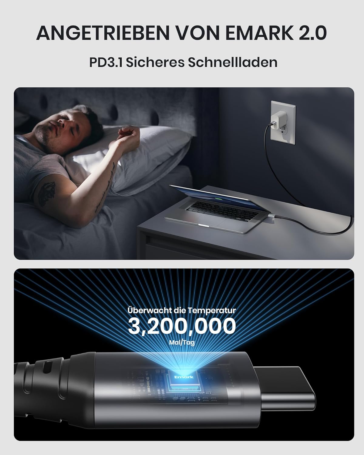 Detalle de INIU 240W USB-C Kabel – 2er Set, 0,3 m, Nylon Geflochten, USB-C zu USB-C PD Schnellladekabel