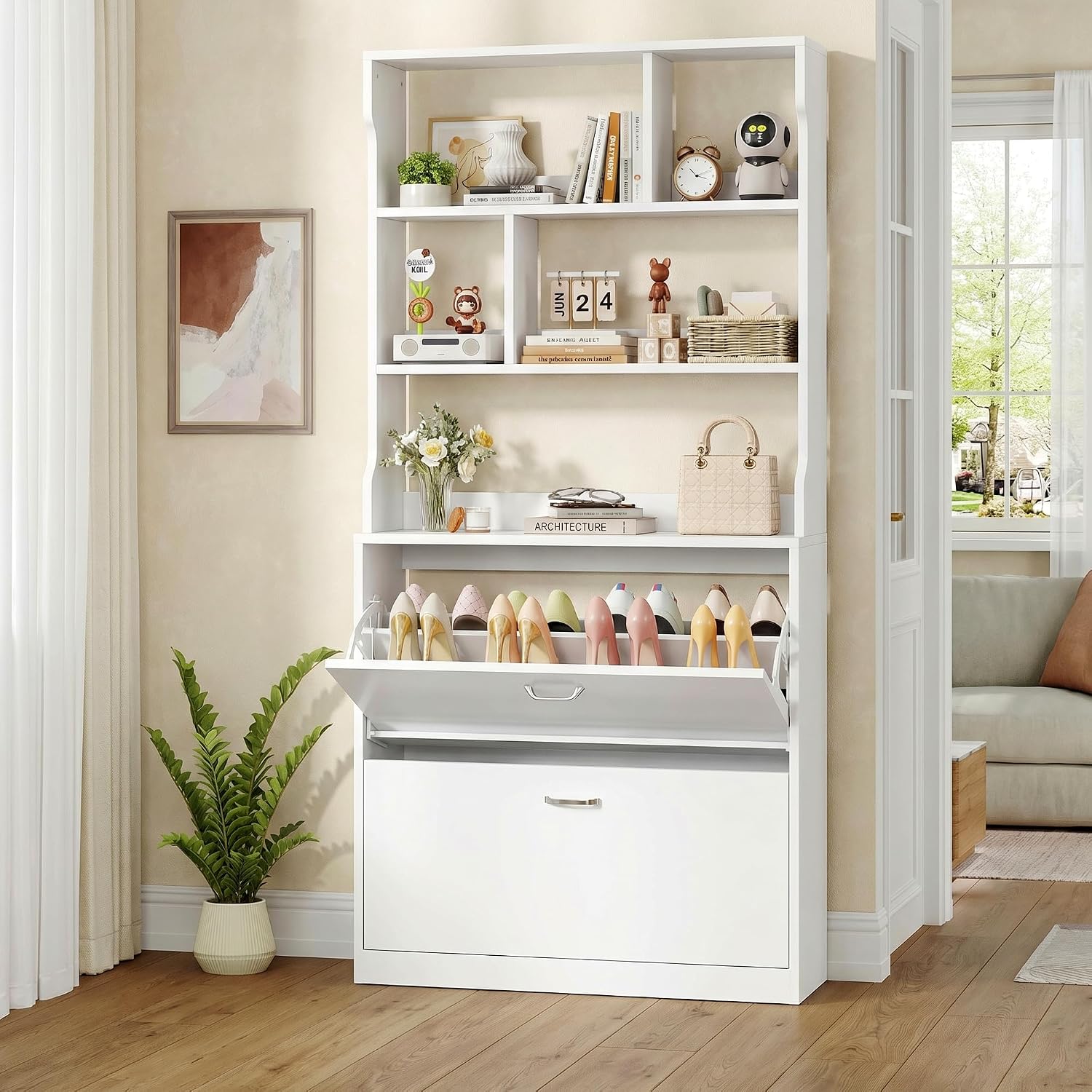 Thumbnail 3 de IRONCK Shoe Cabinet 2 Flip Drawers – Slim Freestanding Shoe Storage, 3-Tier Open Shelves, 80x24x165cm, White