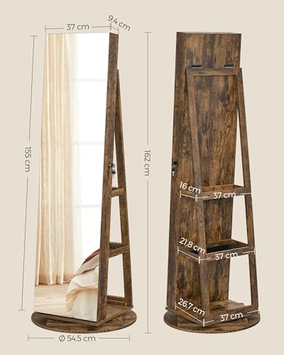 Detalle de SONGMICS Armoire à Bijoux avec Miroir sur Pieds - Verrouillable, 6 LED, Rangement Pivotant 360°, Miroir Psyché sans Cadre, JJC007X01