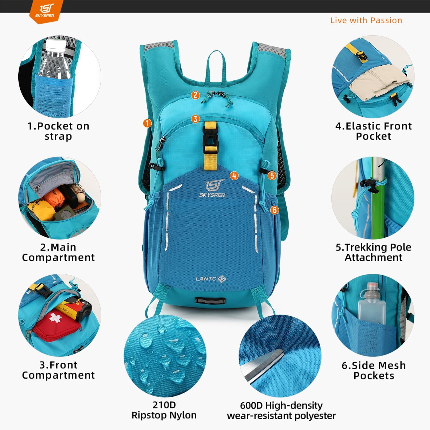 Detalle de SKYSPER Wanderrucksack 15L für Herren – leichter Tagesrucksack für Wandern, Ausflüge und Reisen (Hellblau)