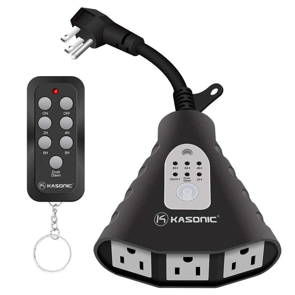 Detalle de K KASONIC Outdoor Light Timer Outlet with Light Sensor, Remote and 3 Grounded Outlets