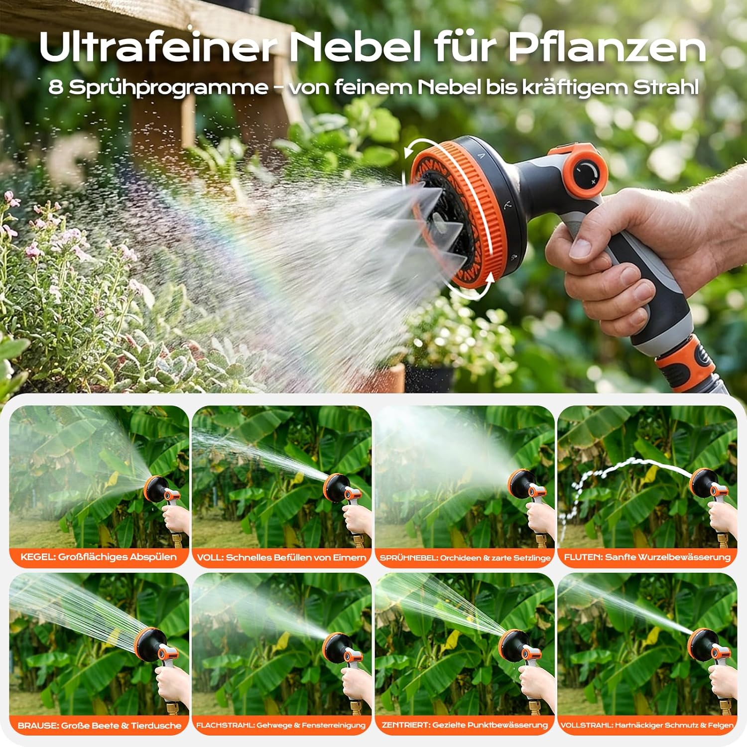 Thumbnail 6 de BIBURY Gartenbrause 9cm XL – Vielseitige Hochdruck-Spritzpistole mit 8 Modi, Daumensteuerung und 360° Drehkopf