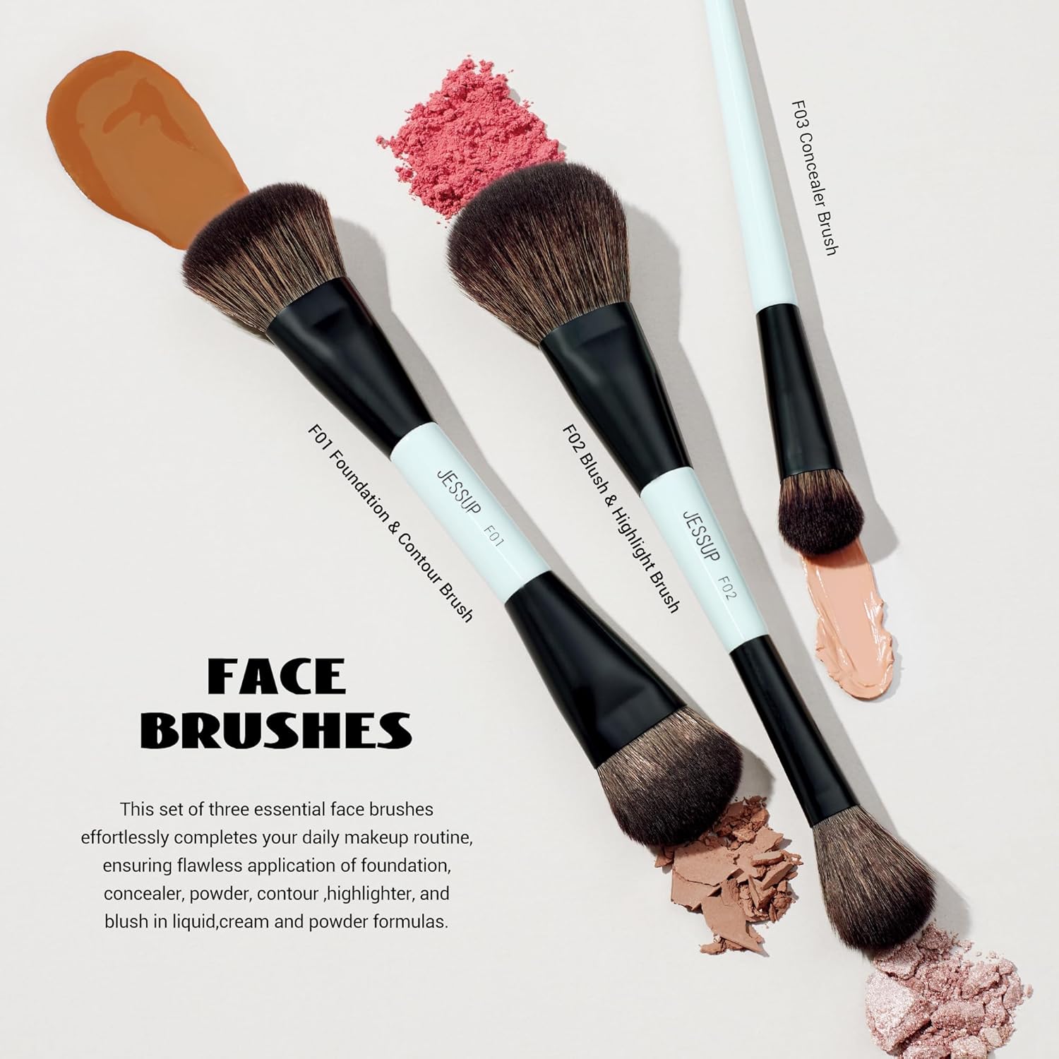 Detalle de Jessup Profi Duo-End Makeup Pinselset (10-tlg.) für Gesicht & Augen – Hellcyan T500