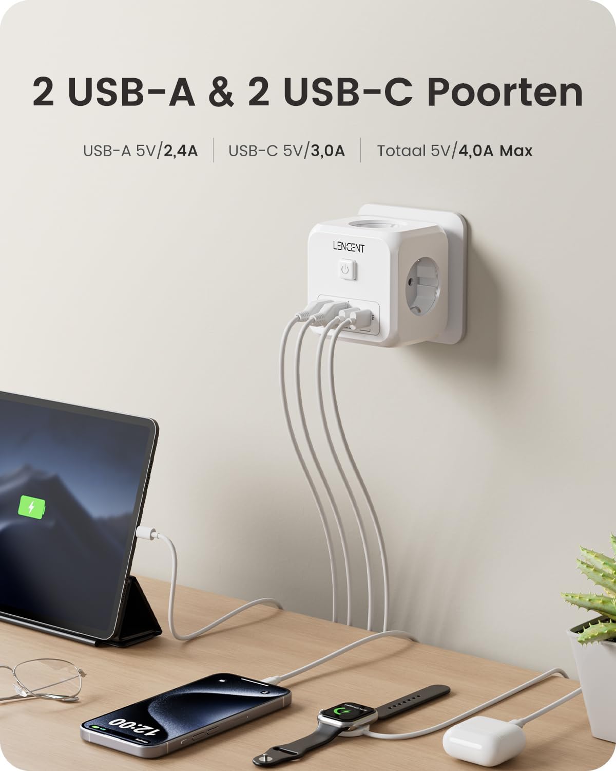 Detalle de LENCENT PA037EU-2A2C kubus-stekkerdoos met 3 stopcontacten en 4 USB-poorten