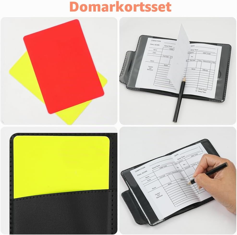 Detalle de AYESY domarset med två visselpipor i rostfritt stål, kort och anteckningsbok